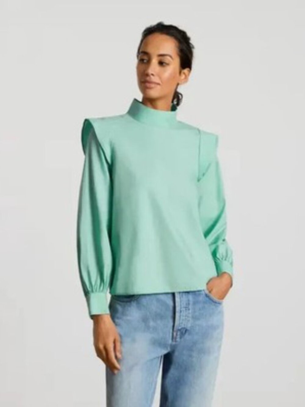 Everlane Mint Green Wing Shoulder Cotton Blouse Scandi Quiet Luxury Size 10 NWT